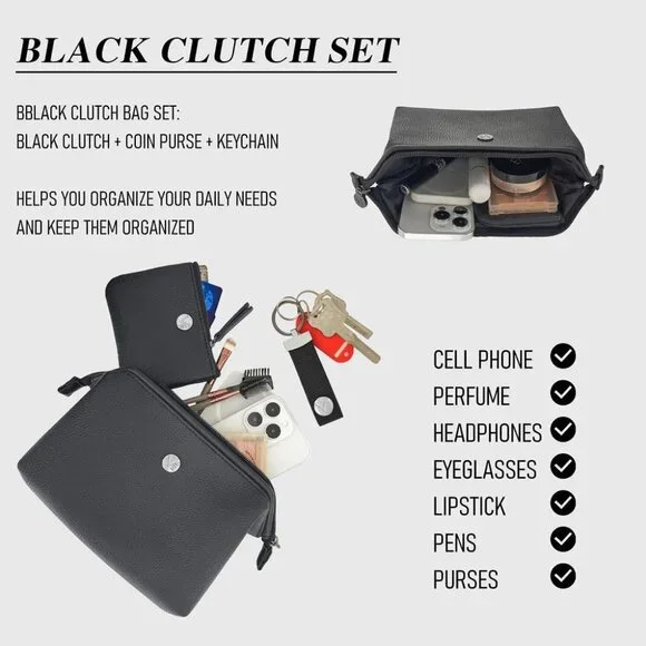 Black PU Leather Women’s Clutch Set with Coin Purse and Keychain, Elegant Mini H